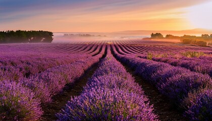 lavender fields in golden hour light with soft haze and endless rows of purple blooms