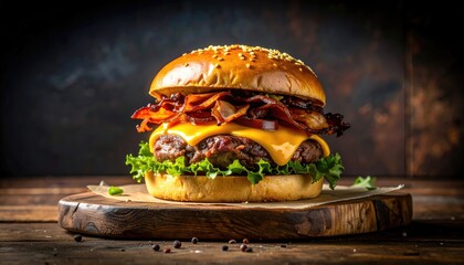 A cheeseburger with bacon, lettuce, and toppings sits on a wooden board on a rustic table.
