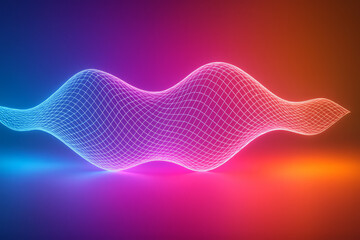 Glowing mesh wave in neon blue and pink light over gradient background, futuristic abstract digital grid design