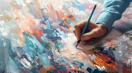 Artist's hand sketching with pencil on paper amidst vibrant abstract paint strokes, capturing creativity