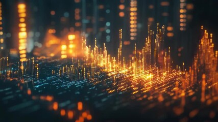 Glowing lights and digital interfaces on a dark background symbolizing futuristic technology, data visualization, and innovation in an urban cyber-city. - Powered by Adobe