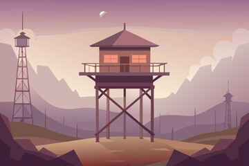 Gradient Flat Vector Style Watchtower With Foggy Atmosphere