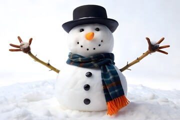 A cheerful snowman wearing a black hat and a colorful scarf, with coal buttons and stick arms, standing in the snow, isolated on white background