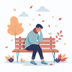Heartbroken Person Sitting Alone on Park Bench with Fallen Leaves Vector Illustration