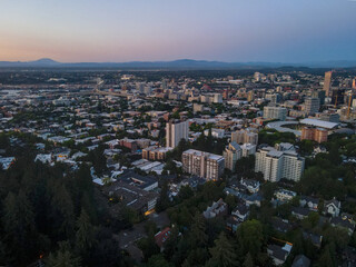 Aerial landscape of Washington Park garden and Portland city scape at summer sunset in Oregon