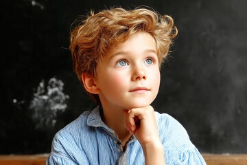 Curious Little Boy with Curly Hair Looking Up in Classroom