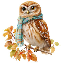 Cute autumn owl with scarf on branch illustration