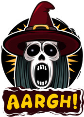 Screaming Halloween Witch Skull with Hat and AARGH Text – Vector Illustration