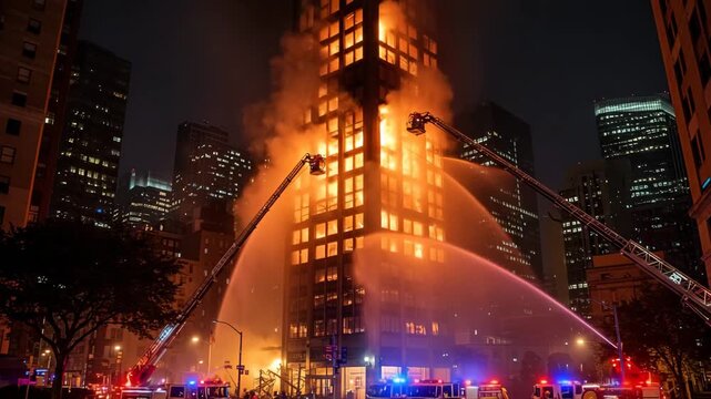 Cinematic High-Rise Blaze at Night in Orange and Blue Palette Depicting Urban Crisis