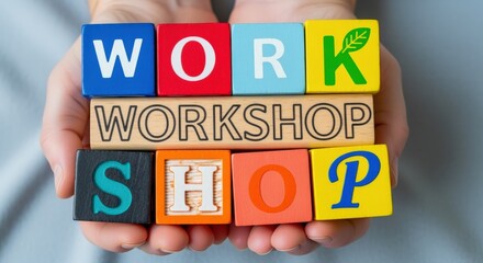 Hands Holding Colorful Wooden Blocks Spelling Workshop, Representing Learning, Education and Creative Collaboration for Skill Development