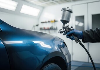 Professional automotive painter applying a metallic blue paint finish to a car in a spray booth 