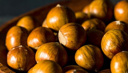 Hazelnut closeup in wooden bowl