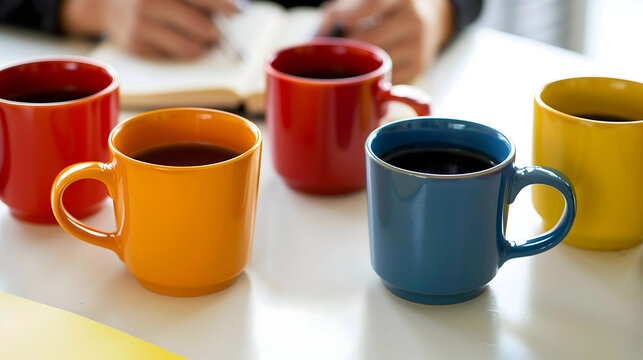 Brightly colored coffee mugs arranged on a desk with a person writing in the background, promoting focus and productivity.