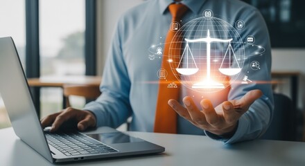 Lawyer Displaying Scales of Justice with Technology Icons for Legal Services and Consultation