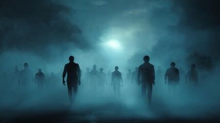A Horror Scene of Many Zombies Walking in Fog