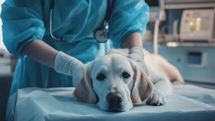 In well-lit clinic, veterinarian in sterile gloves gently examines calm golden labrador on surgical table, emphasizing trust, dedication in animal healthcare settings
