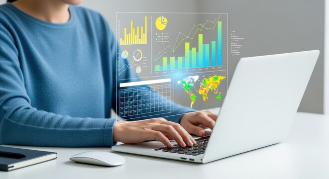 Woman analyzing financial data and market trends using a laptop with data visualization graphs - Powered by Adobe