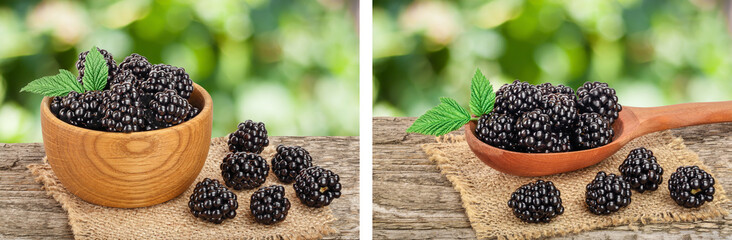 blackberry in wooden bowl and spoon on the wooden table with blurred garden background