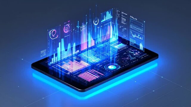 Modern Digital Tablet Presenting Holographic Data Analysis and Future Technology Concept