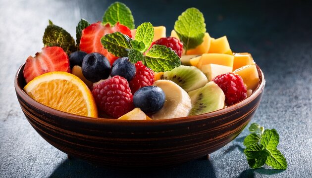 fresh fruit bowl with honey berries and mint leaves for healthy diet and breakfast