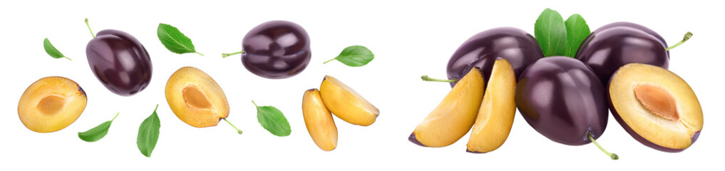 fresh purple plum and half with leaves isolated on white background with  copy spase for your text. Top view. Flat lay