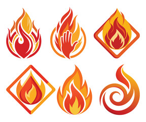 Fire flames icons set with burning blaze and campfire symbols in vector design