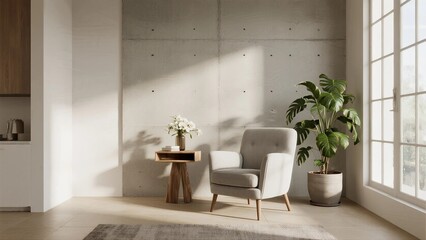 Modern minimal living room with gray armchair and green plant