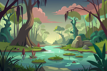 Storybook Illustration Swamp Background With Faded Textures