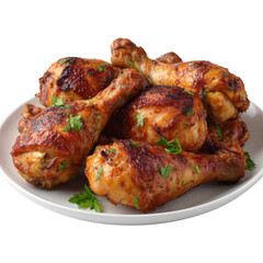 Deliciously grilled chicken drumsticks with herbs isolated on transparent background