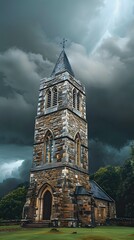 Fototapeta premium Historic Stone Church Steeple Under Dramatic Stormy Sky