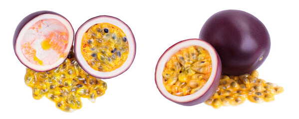passion fruits half isolated on white background. maracuya . Top view. Flat lay
