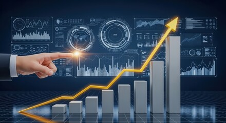 Business growth visualization: rising chart with upward arrow on digital dashboard, success and achievement