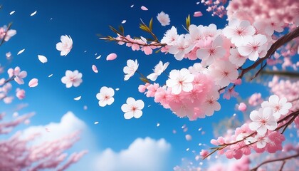 pink and white cherry blossoms falling in a gentle breeze against a blue sky japanese anime
