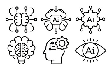 Artificial intelligence icons depicting brain, cloud, gear, head, and eye, representing machine learning, automation, and future technology isolated on white background