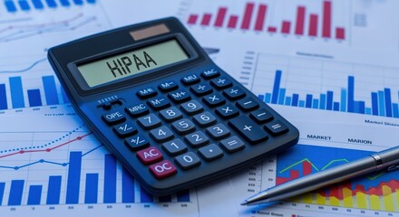 HIPAA Compliance Calculator Displayed Over Financial Charts Demonstrating Healthcare Regulation and Data Privacy Assessment