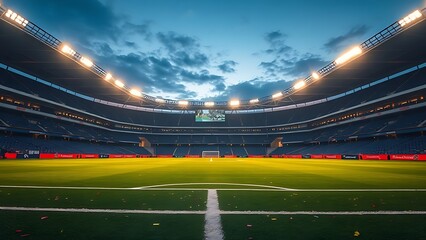 Empty soccer stadium at dusk with glowing floodlights and green turf showing subtle confetti remnants.