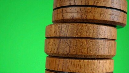 Stacked wooden cylinders on green background
