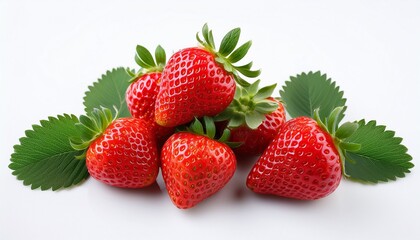 fresh and vibrant strawberries with green leaves on a white background