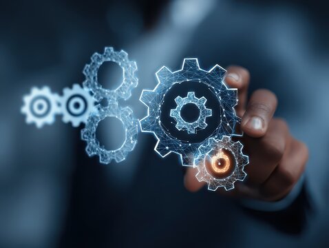 Automation of business processes by network technology. Businessperson, gears icon and network structure.