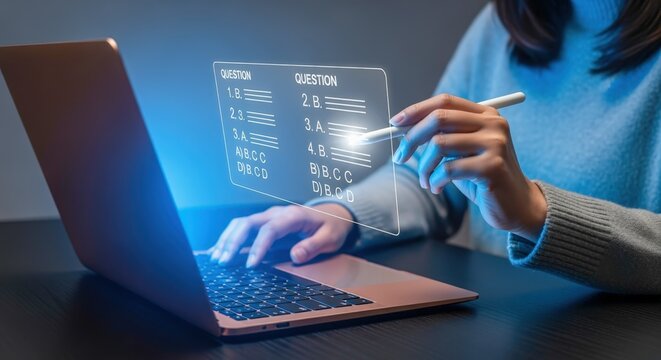 Woman Taking Online Exam on Laptop with Stylus, Immersive Digital Learning Experience