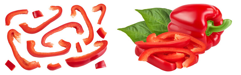 slices of red sweet bell pepper isolated on white background. Top view. Flat lay