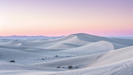Serene white sand dunes sculpted by wind under a pastel sky at dawn.