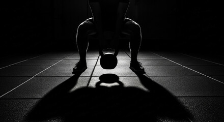 Black and white shot of a person about to lift a kettlebell, with dramatic backlighting and long shadows on the floor. A concept of strength, determination, and fitness challenge