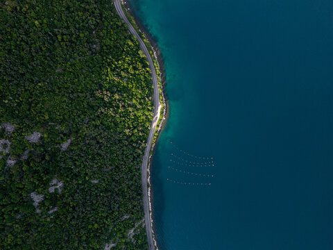 Coastal road between sea and forest, top down view
