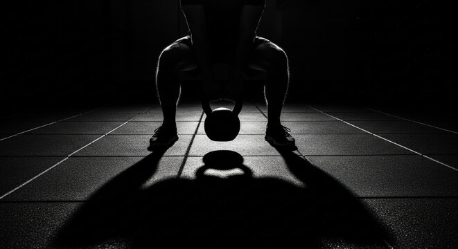 Black and white shot of a person about to lift a kettlebell, with dramatic backlighting and long shadows on the floor. A concept of strength, determination, and fitness challenge