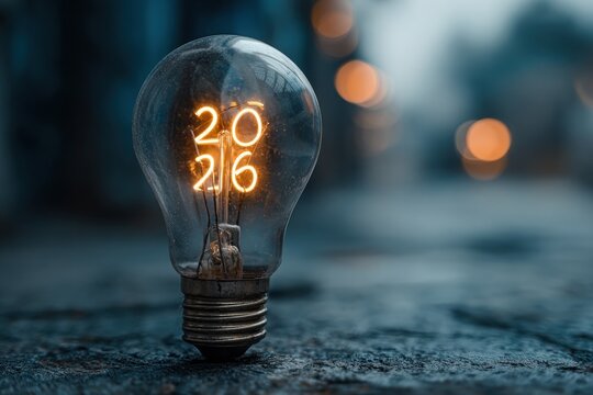 Light bulb with glowing numbers 2026, symbolizing new year celebrations, set against a blurred background, creating a festive atmosphere and highlighting the transition to a fresh start