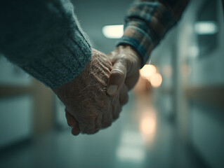 Close-up of two generations clasping hands in a hospital corridor showing emotional support