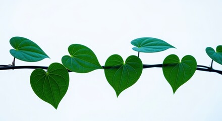 Obraz premium Heart Shaped Green Leaves on Vine Against White Background Symbolizing Growth and Freshness