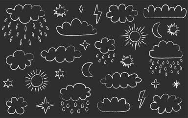 Crayon clouds. Crayon childish chalk clouds, sun and stars. Naive childish doodle clouds. Pencil scribbled texture.