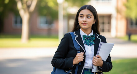A portrait of a teenage student in a classic school uniform holding notebooks, for a "back to school" or education concept